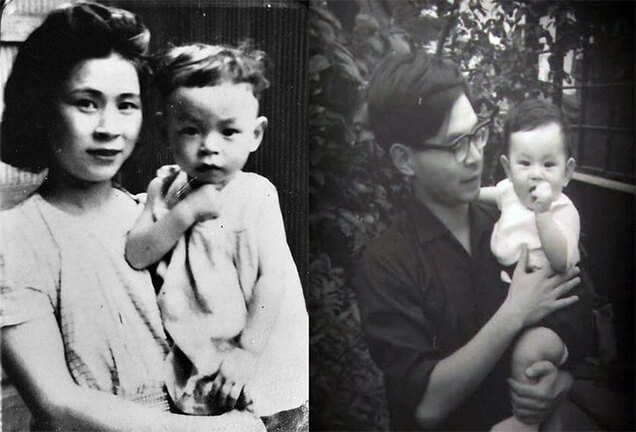 Trái: Bà Yoshiko Miyazaki và con trai Hayao Miyazaki. Phải: Hayao Miyazaki và con trai Goro Miyazaki.